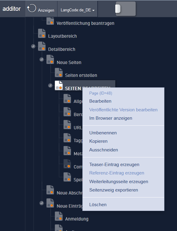 Screenshot Seitenbaum Menü Rechtsklick