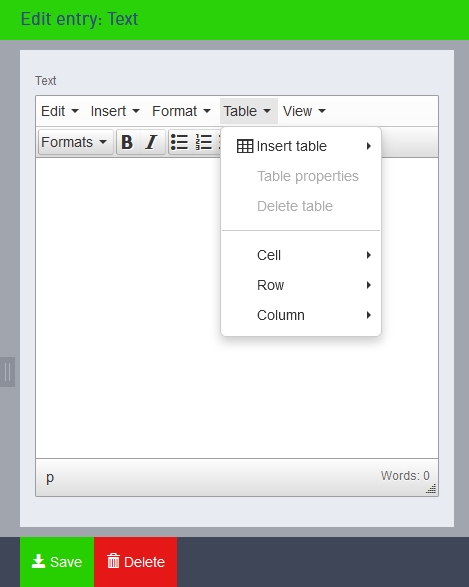 Screenshot text table
