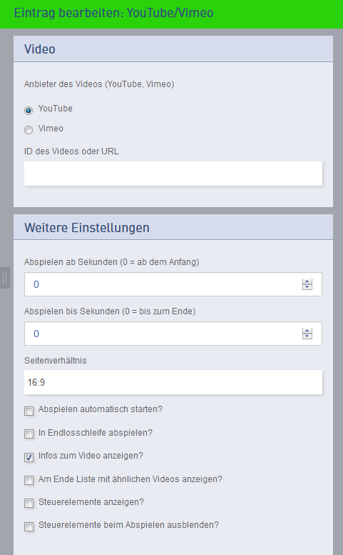 Eintrag YouTube Vimeo