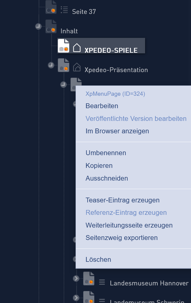 Screenshot Seitenbaum Menü Rechtsklick