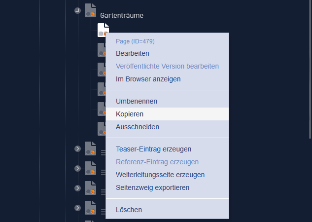 Screenshot Seitenbaum Menü Rechtsklick
